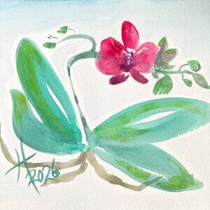 Ruby Phalaenopsis Orchid Original Art Watercolor Painting 11x14in Matted